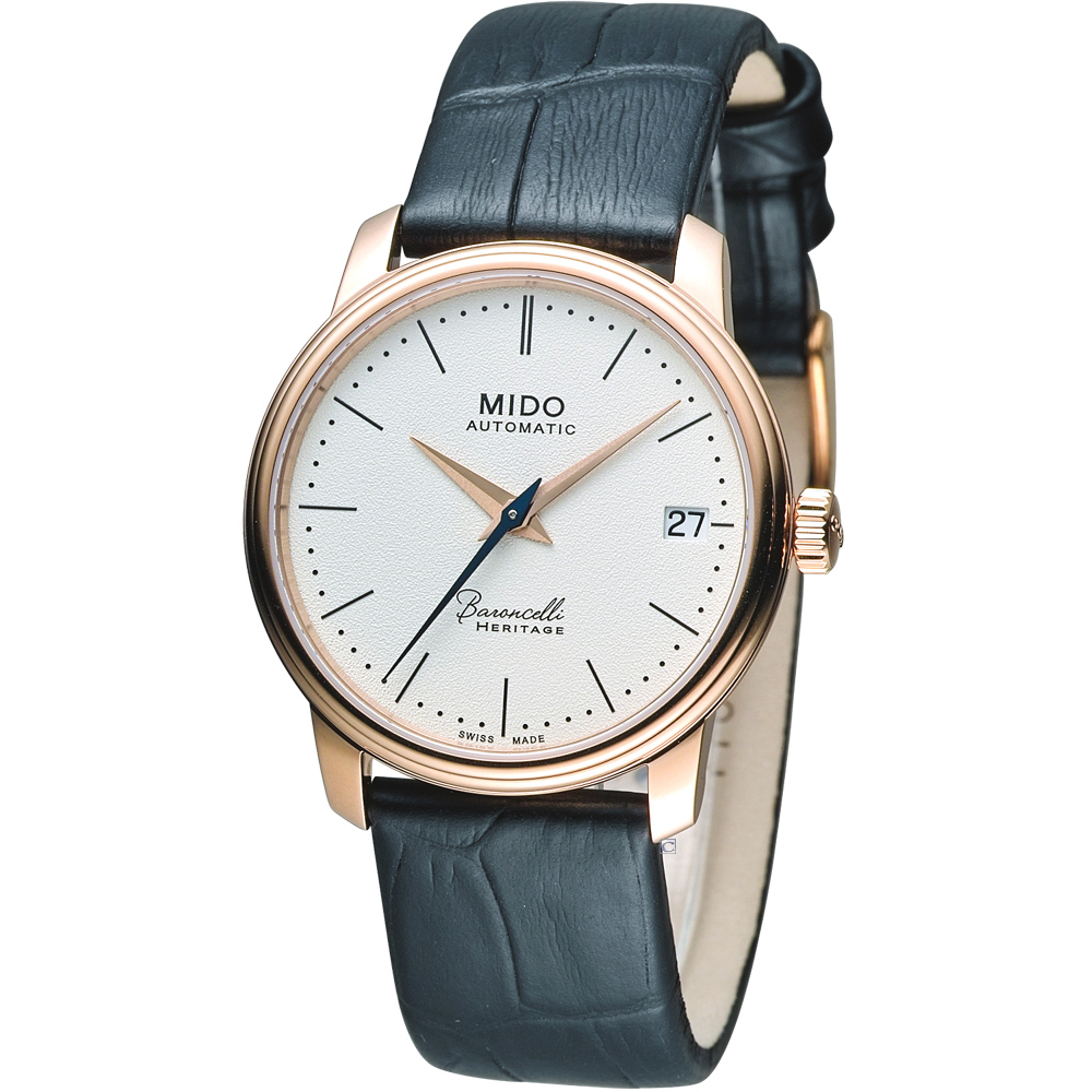 【MIDO 美度】官方授權經銷商M2 Baroncelli III 永恆系超薄時尚機械腕錶-白x玫瑰金色/33mm