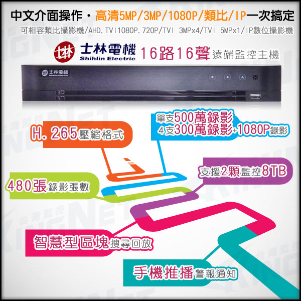 士林電機1080P 16路主機+8支1080P 8列紅外線槍型攝影機