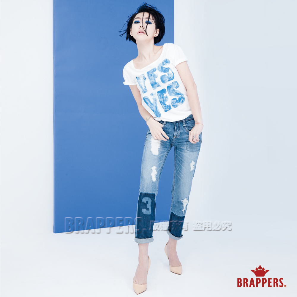 BRAPPERS 小S代言 BoyFriend系列-女用雷射補釘八分反折褲-淺藍