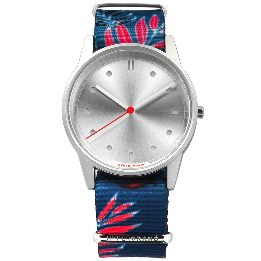 HyperGrand 鄉村棕櫚 首創印花設計 極簡面板 尼龍手錶-銀x藍紅/38mm