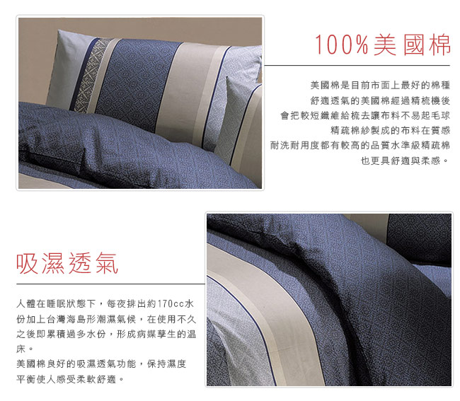 鴻宇HongYew 100%美國棉 防蹣抗菌-奧德塞卡其藍 薄被套床包組 雙人四件式