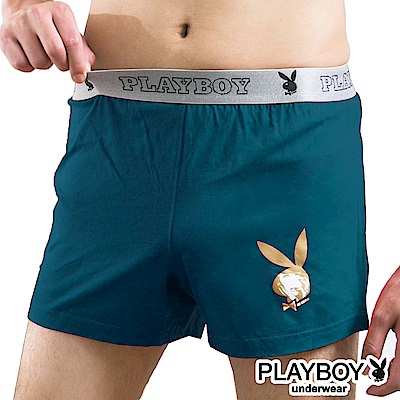 PLAYBOY 燙金兔頭Logo素面針織四角褲-單件-土耳其藍