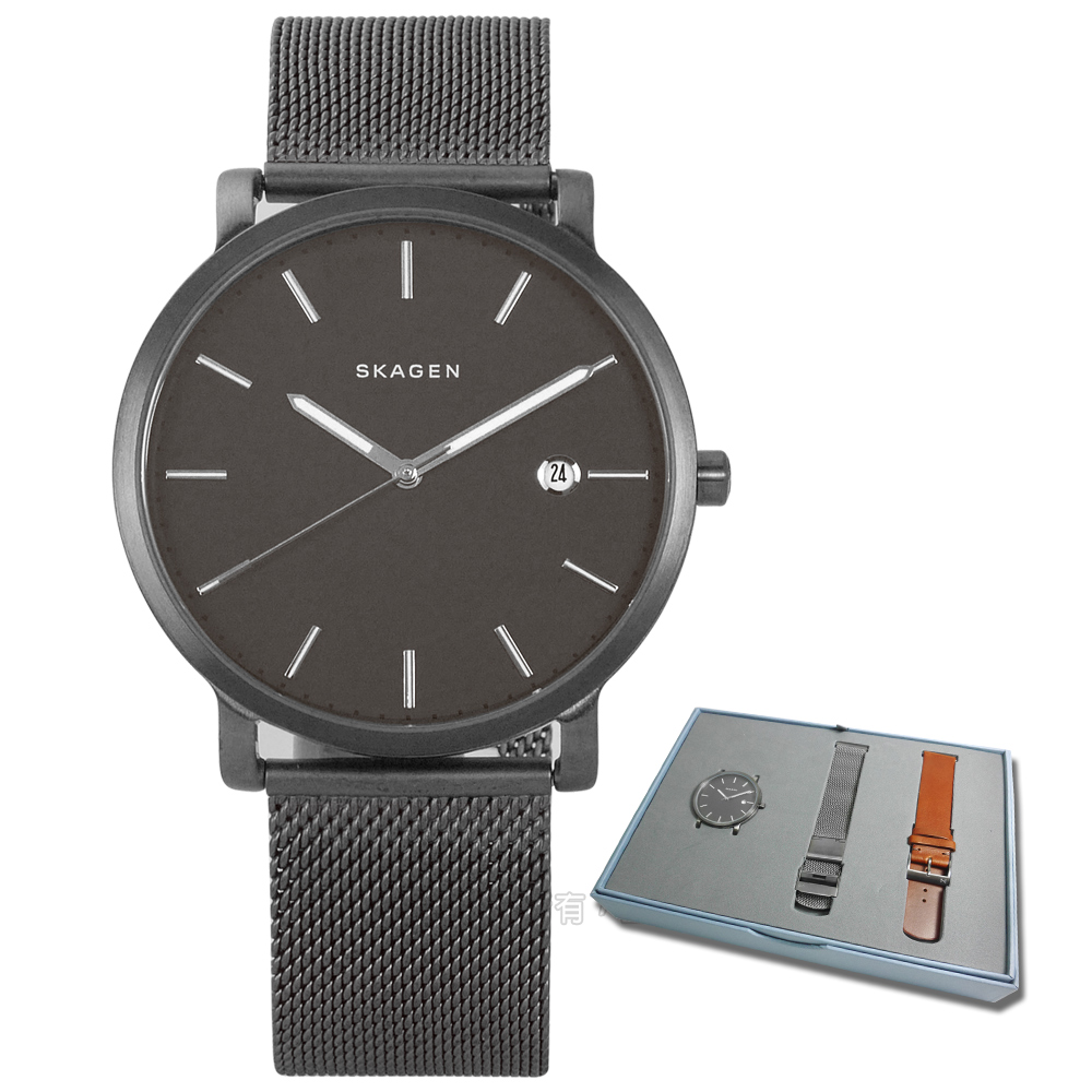 SKAGEN 北歐丹麥紳士禮盒組米蘭編織不鏽鋼手錶-深灰x鍍黑/40mm