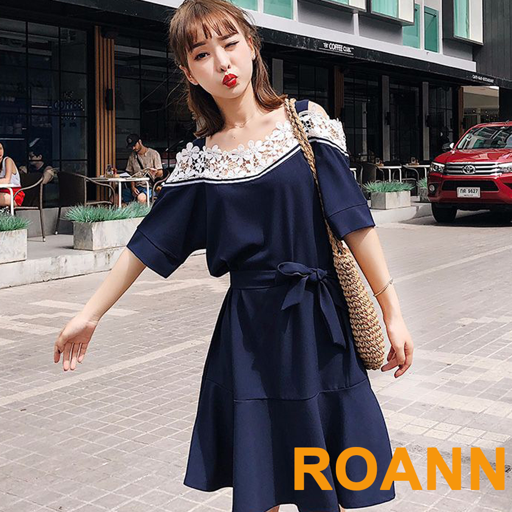 吊帶拼接蕾絲短袖洋裝 (藏青色)-ROANN