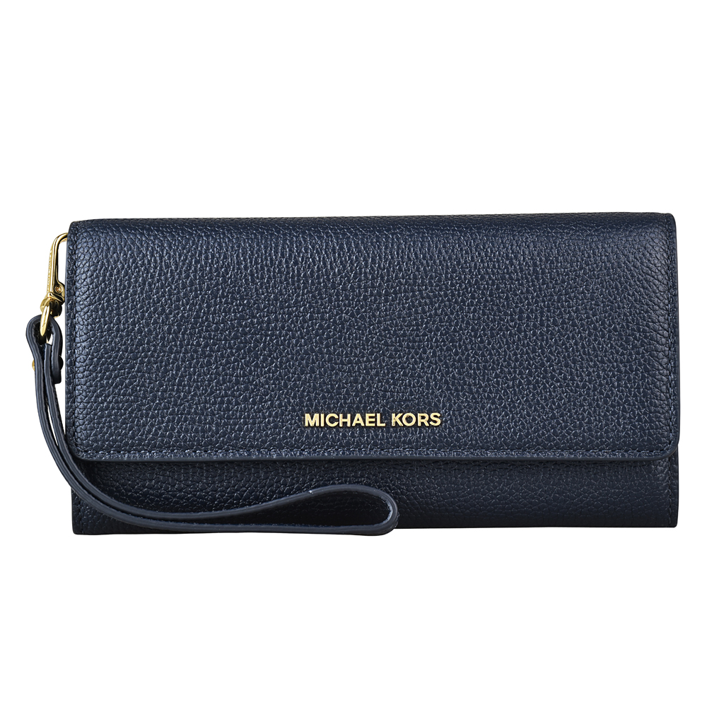 MICHAEL KORS MERCER 金字LOGO荔枝紋皮革釦式長夾(海軍藍)