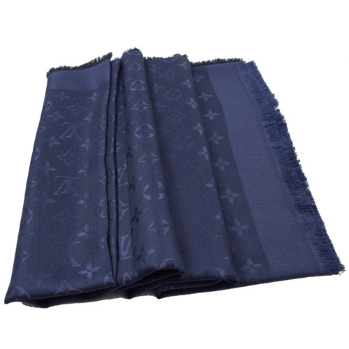 LV M72412 Monogram 經典花紋羊毛絲綢披肩圍巾.深藍色