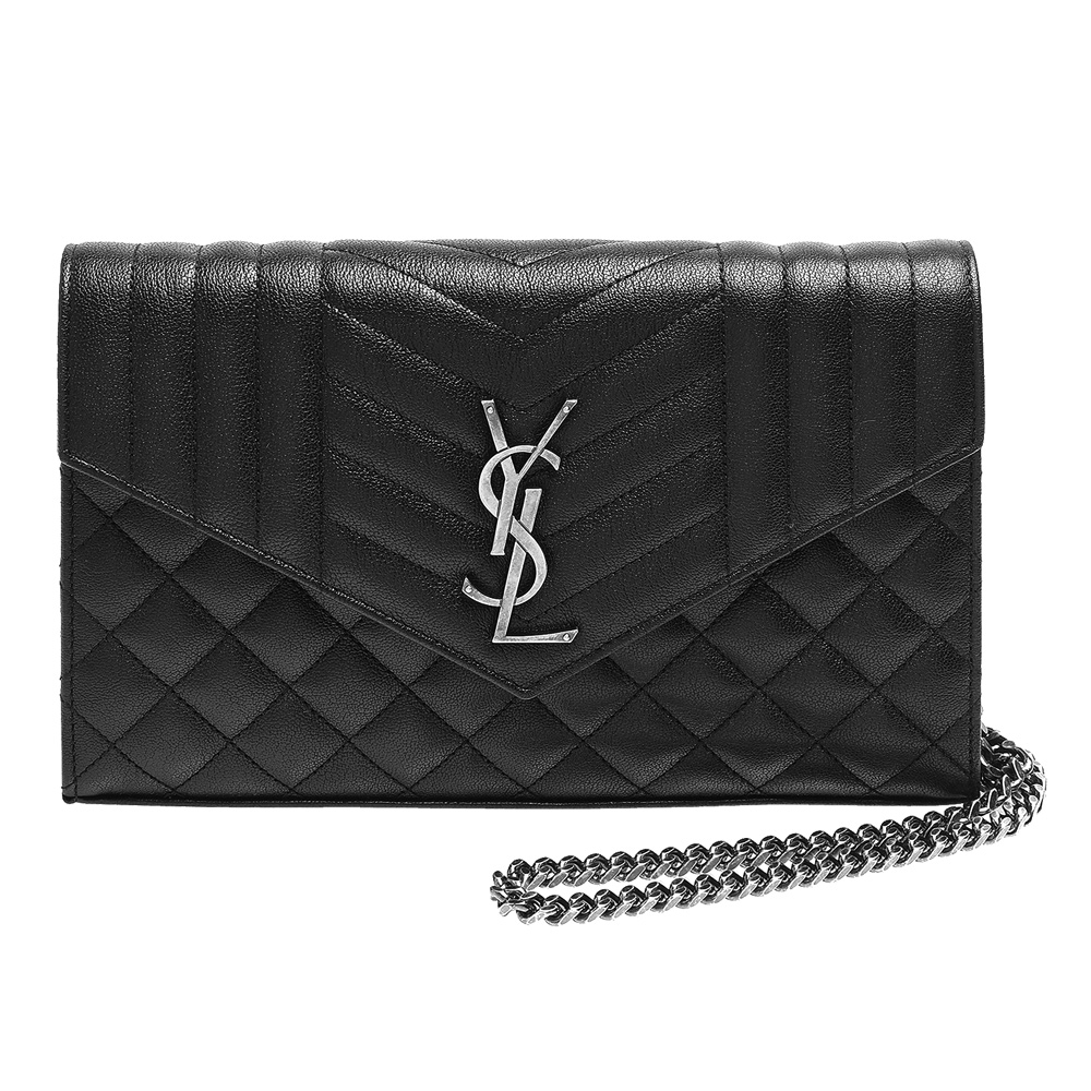 YSL MONOGRAM MIXED系列造型縫線牛皮仿舊金屬LOGO銀鍊肩背信封包(黑)