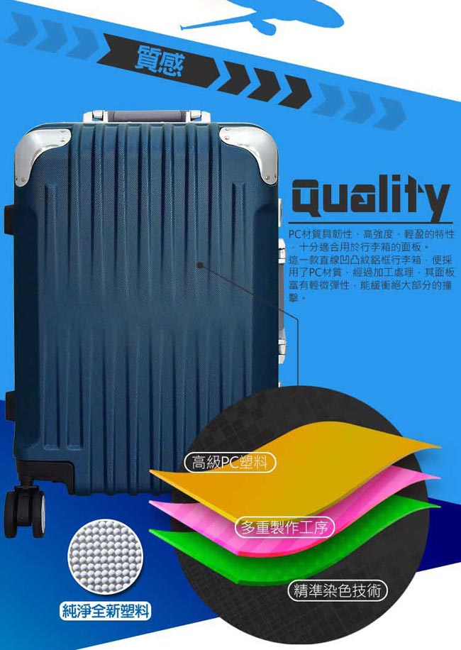 WALLABY 袋鼠牌 PC20吋直條凹凸紋鋁框行李箱-深藍色