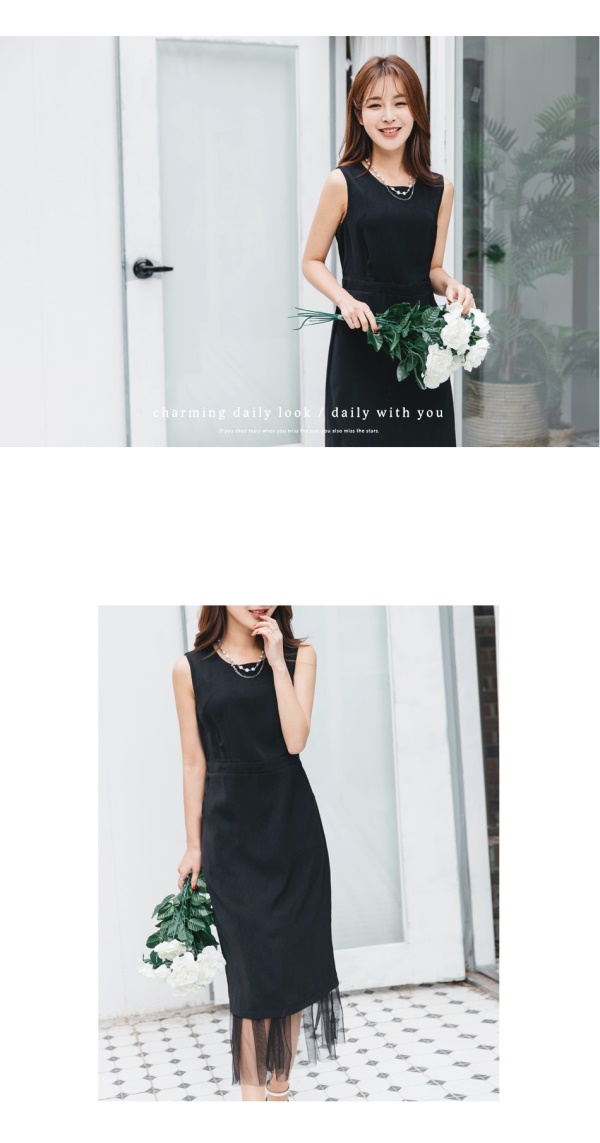 婚禮系列~網紗裙襬拼接合身純色洋裝-OB大尺碼