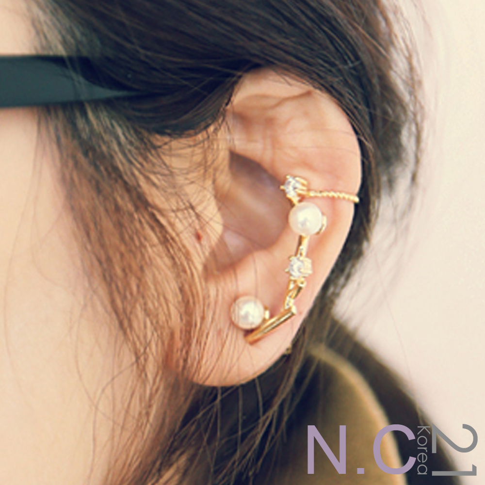 N.C21-閃亮水鑽珍珠耳骨夾針式耳環 (金色)