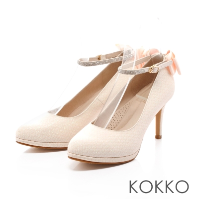 KOKKO-高級訂製優雅蝴蝶結踝帶高跟鞋-淡粉金