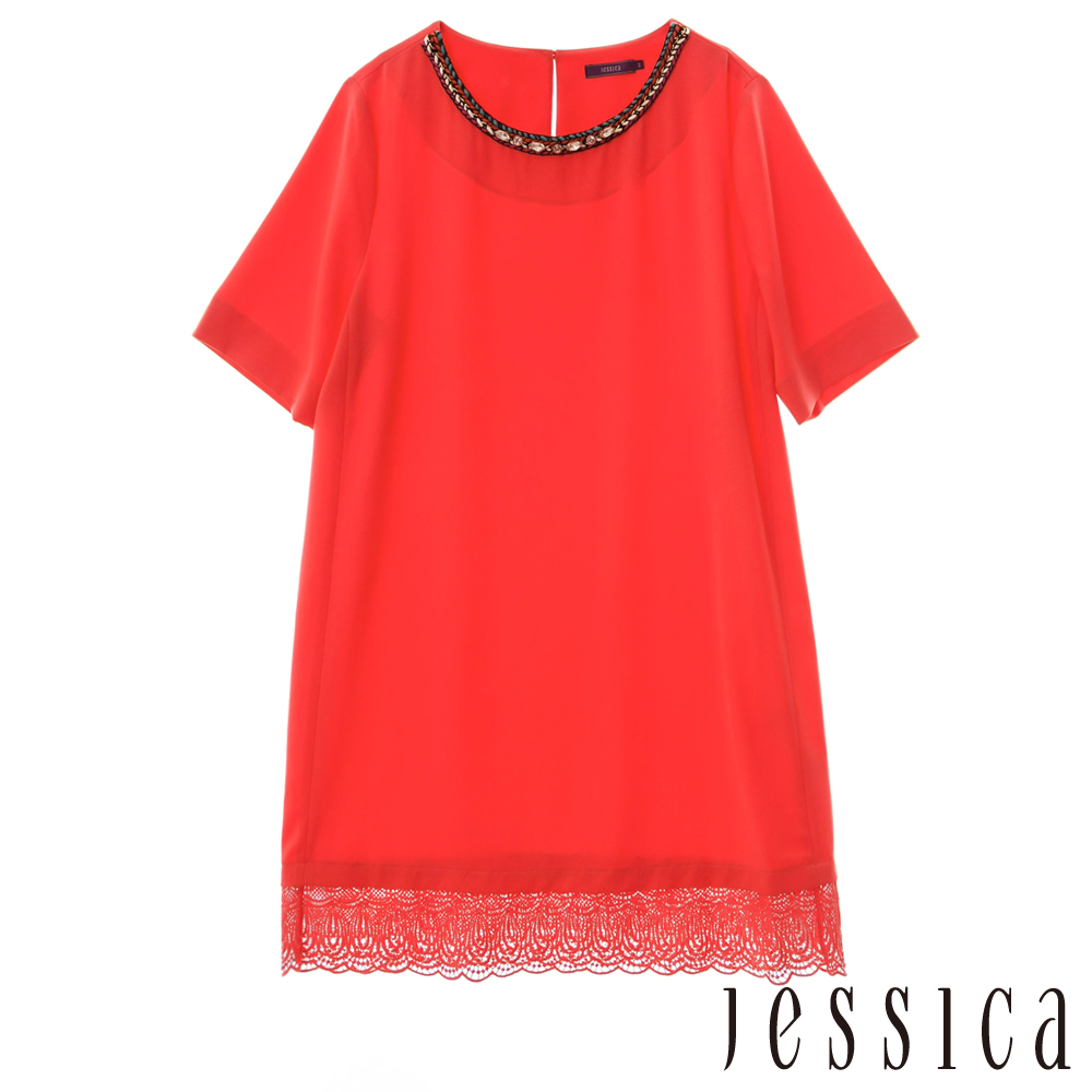 JESSICA - 氣質鑽飾蕾絲造型上衣（紅）