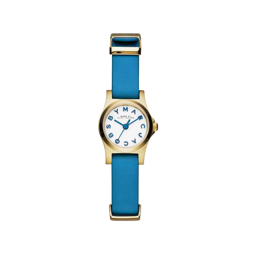 Marc Jacobs Henry Dinky 俏麗浮雕品牌女錶-白x金框x藍/21mm