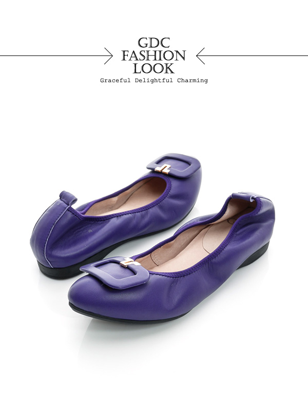 GDC都會-方形飾扣柔軟彈性真皮低跟鞋-紫色