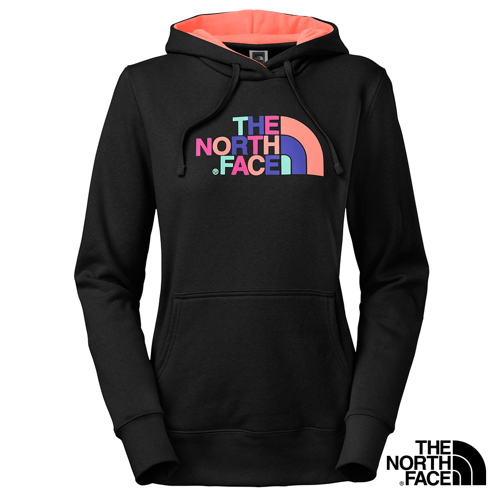 The North Face 女 LOGO 兜帽套頭衫 黑/薄荷藍圖紋