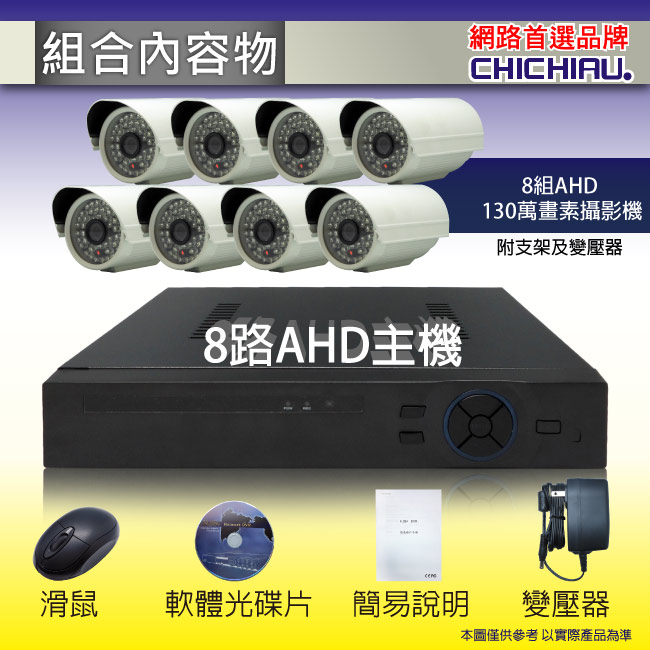 奇巧 8路AHD高清遠端監控套組(含雙模切換SONY130萬攝影機x8)