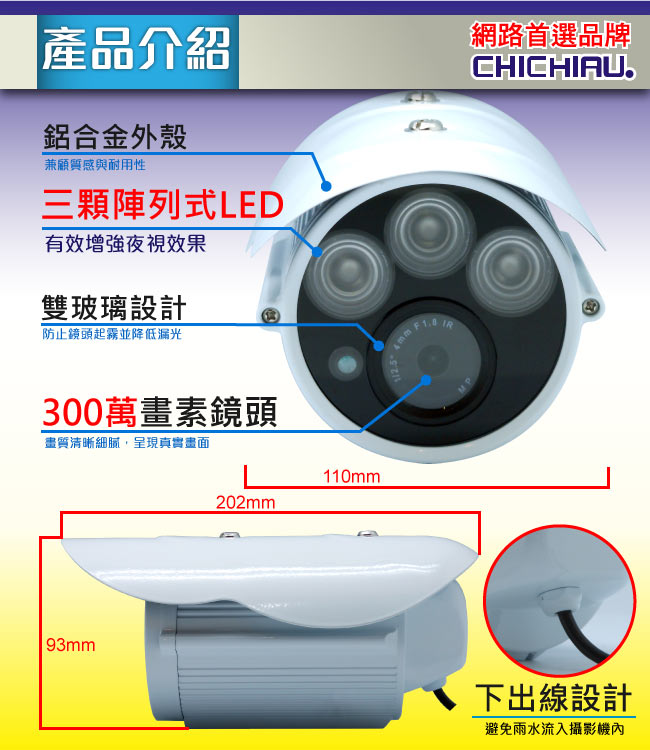 監視器攝影機 - 奇巧 AHD 720P SONY 130萬畫素高功率三陣列夜視攝影機