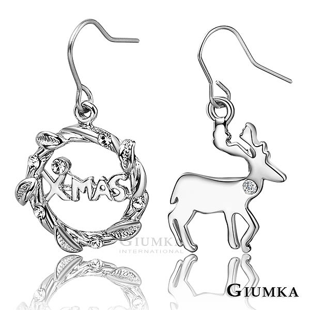 GIUMKA耳環 麋鹿與花圈耳勾耳環(銀色白鋯)