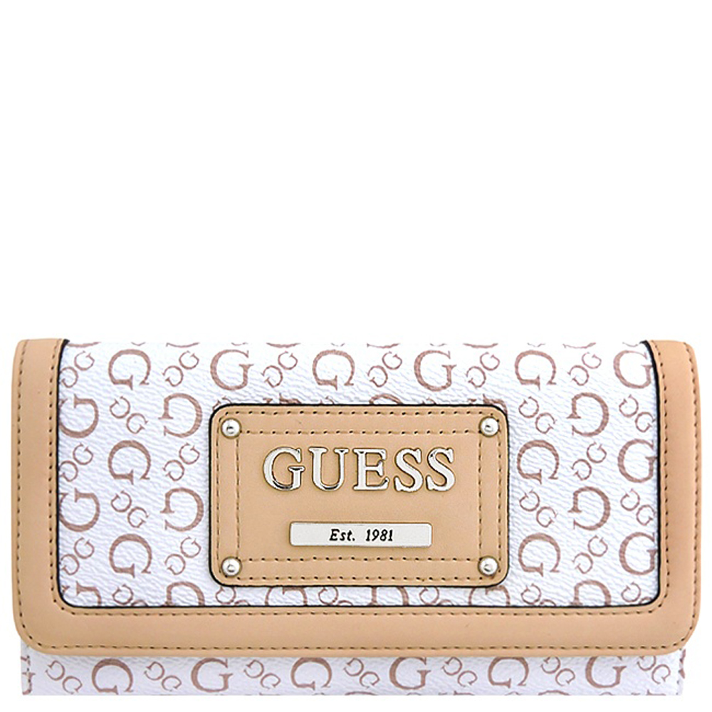 GUESS 白色LOGO PVC三摺長夾