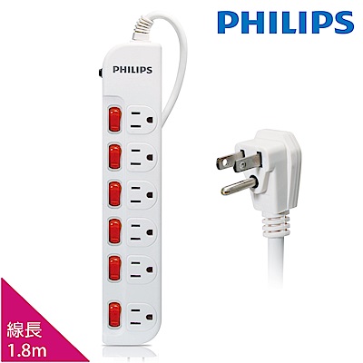 PHILIPS 飛利浦 過載防護型 6開6插3孔延長線 (1.8米)