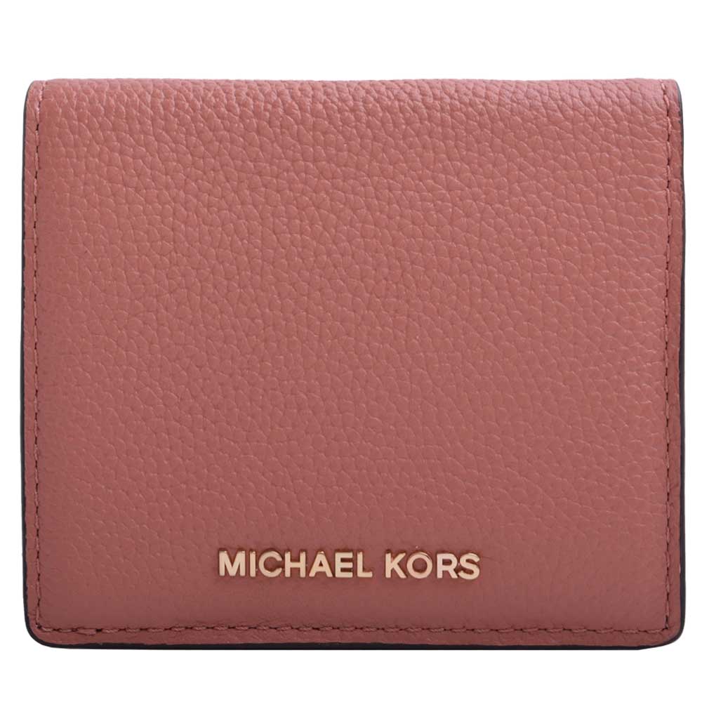 MICHAEL KORS 金logo皮革雙折扣式短夾-復古玫瑰色