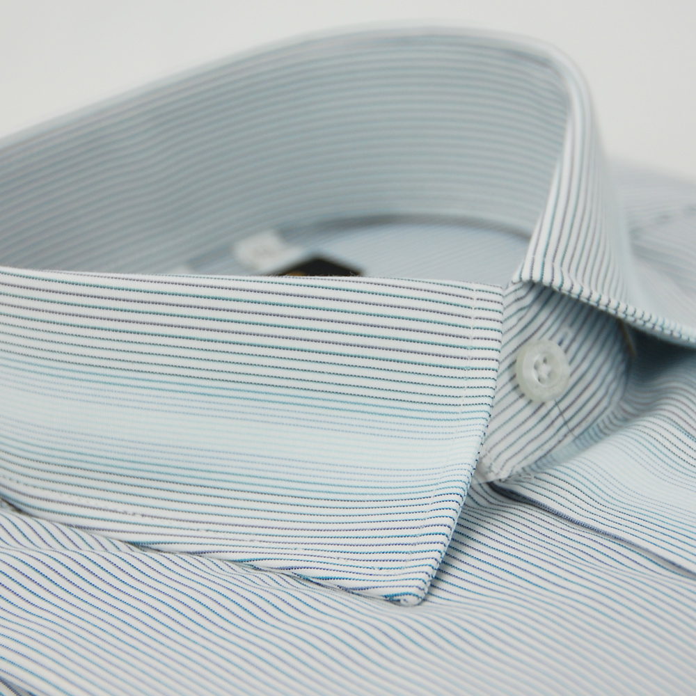 金‧安德森 藍灰條紋變化領窄版長袖襯衫