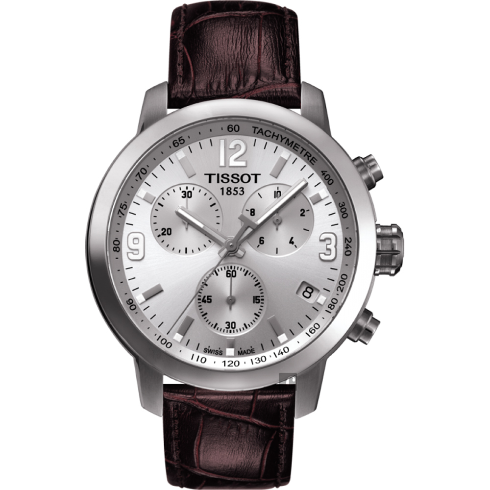 TISSOT 天梭 官方授權 PRC200 三眼計時男錶-銀x咖啡/42mm