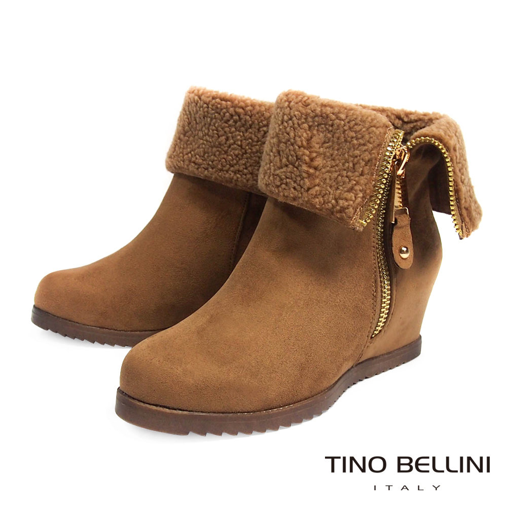 Tino Bellini 側拉鍊翻領毛料內增高短靴_駝