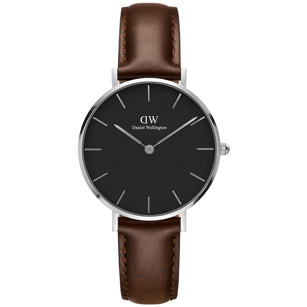 DW Daniel Wellington 經典布里斯托黑棕色皮帶腕錶-銀框/32mm