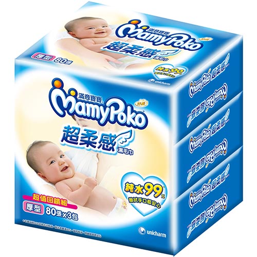 滿意寶寶 溫和純水厚型溼巾補充包(80入 x 3包/組)