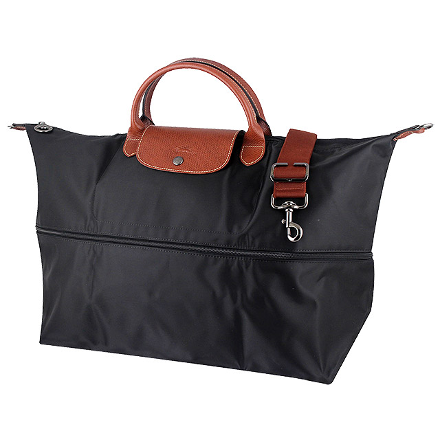 Longchamp 厚質尼龍拉鍊伸縮手提/斜背旅行袋(黑色)