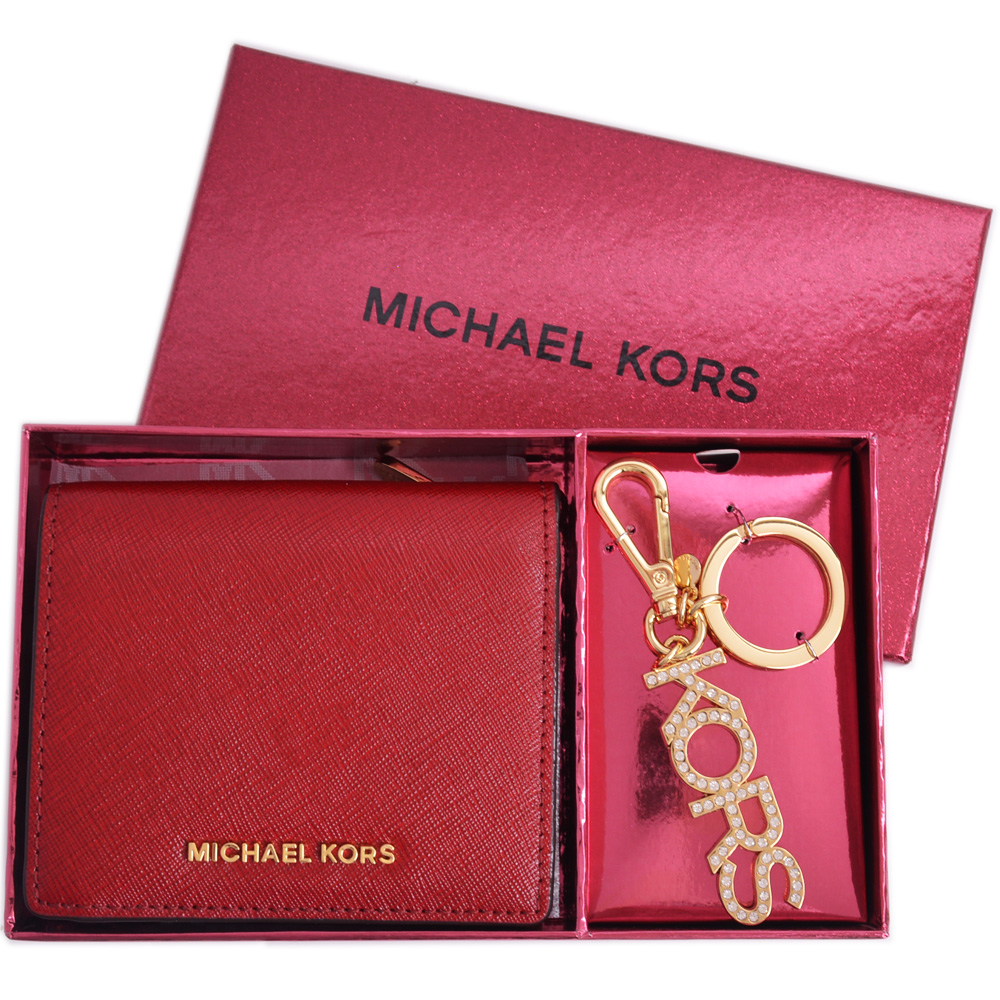 MICHAEL KORS 金LOGO珠光防刮皮革短夾+鑰匙圈禮盒組-櫻桃紅