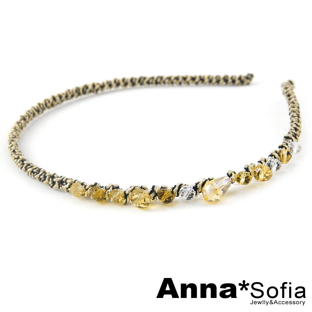 AnnaSofia 纏繞側水滴晶珠墬 韓式髮箍(香檳系)