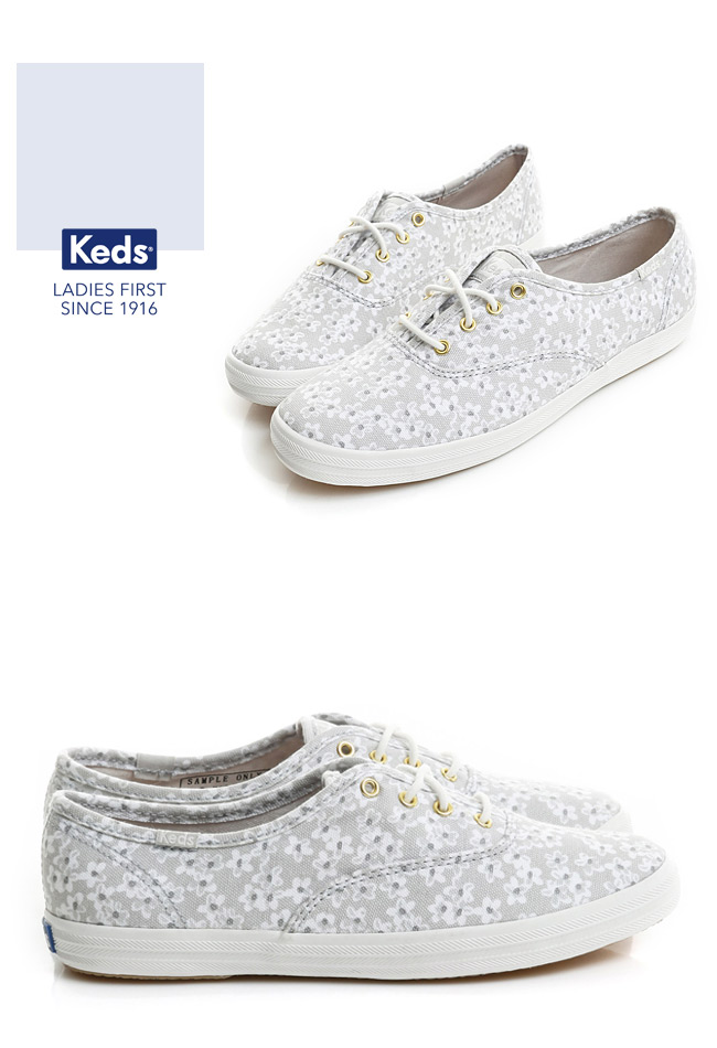 Keds CHAMPION粉嫩印花經典綁帶休閒鞋-淺灰