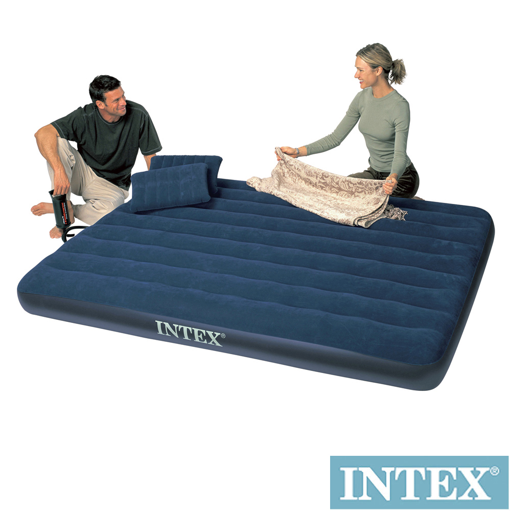 INTEX雙人加大植絨充氣床墊-寬152cm(特惠組合)附手壓幫浦+枕頭*2(68765)