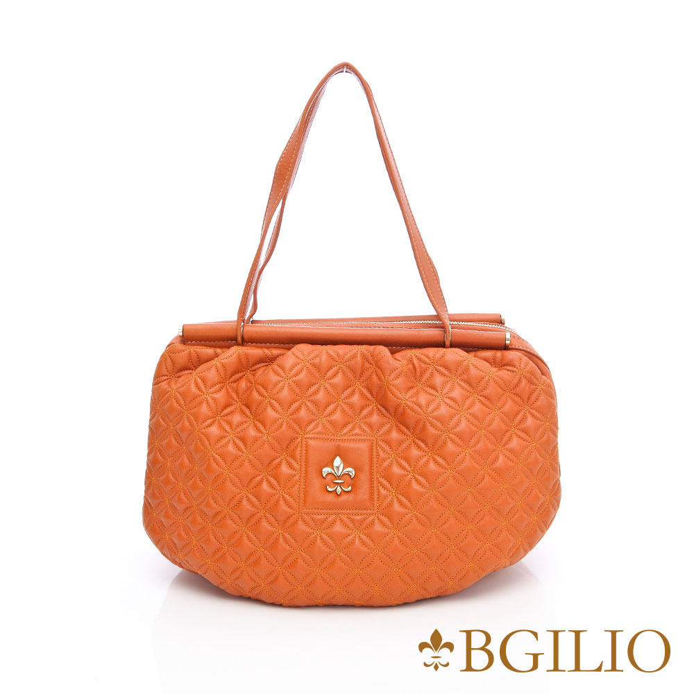 義大利BGilio - 時尚菱格紋羊皮圓筒肩背包(大款) - 橘色 1565.002-11