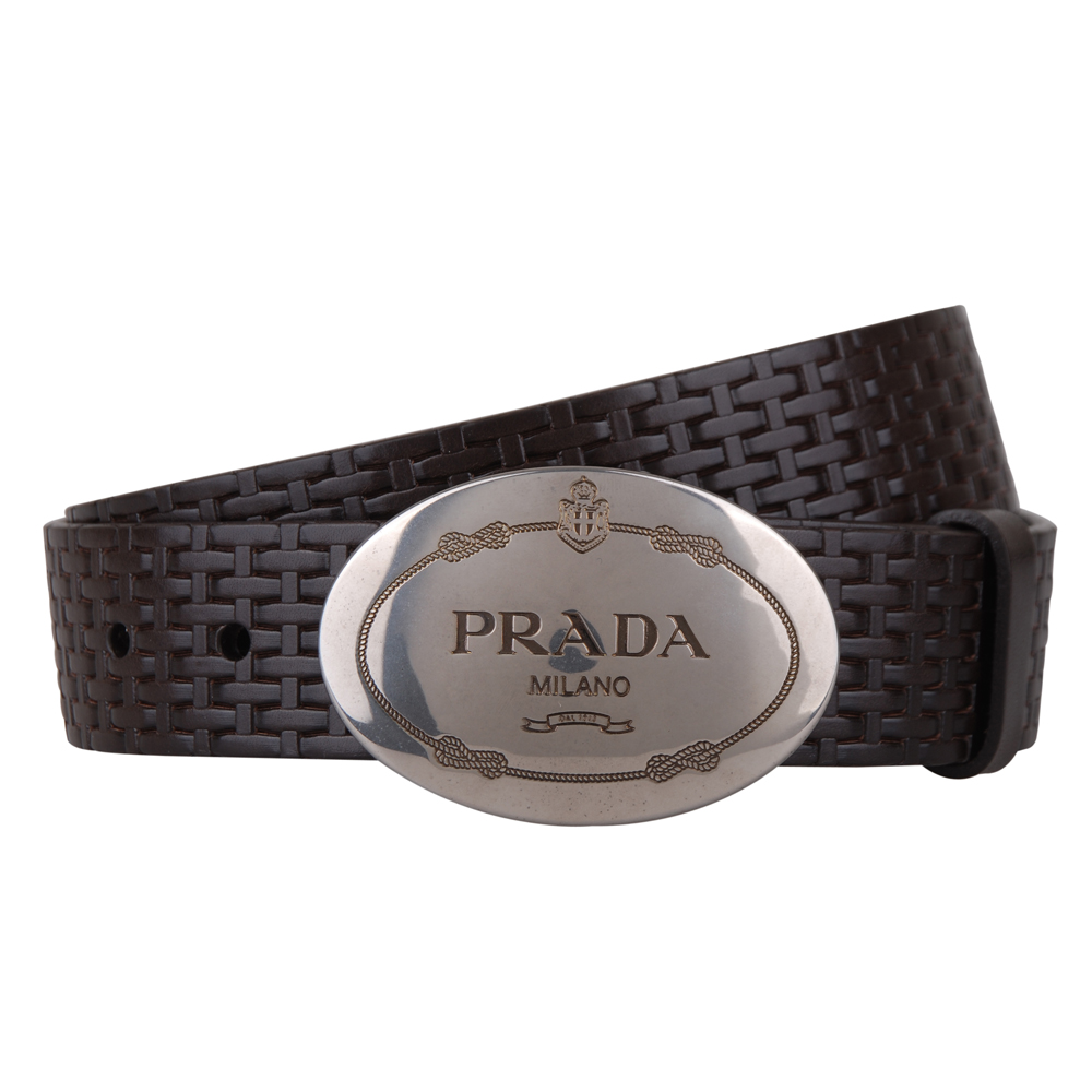 PRADA 牛皮編織紋路皮帶(咖啡/90/95/100/105CM)