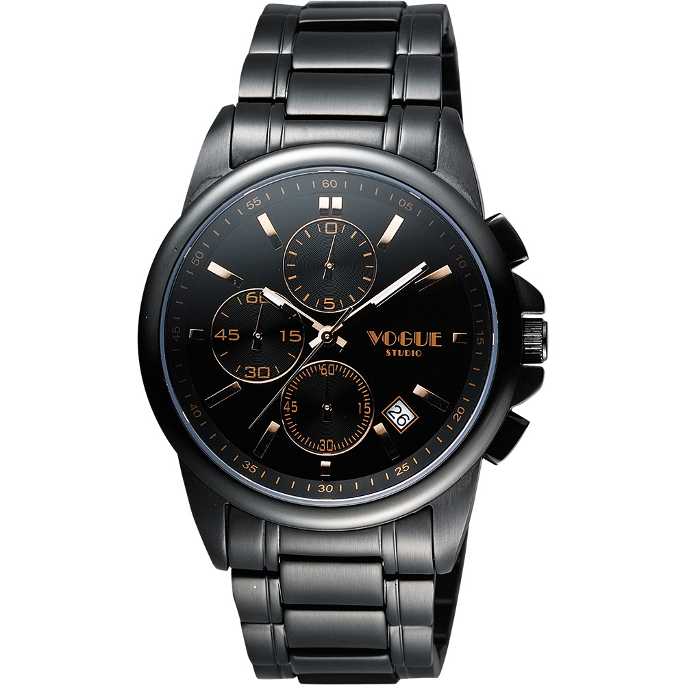 VOGUE 嶄新系列三眼計時腕錶-IP黑x玫塊金時標/40mm