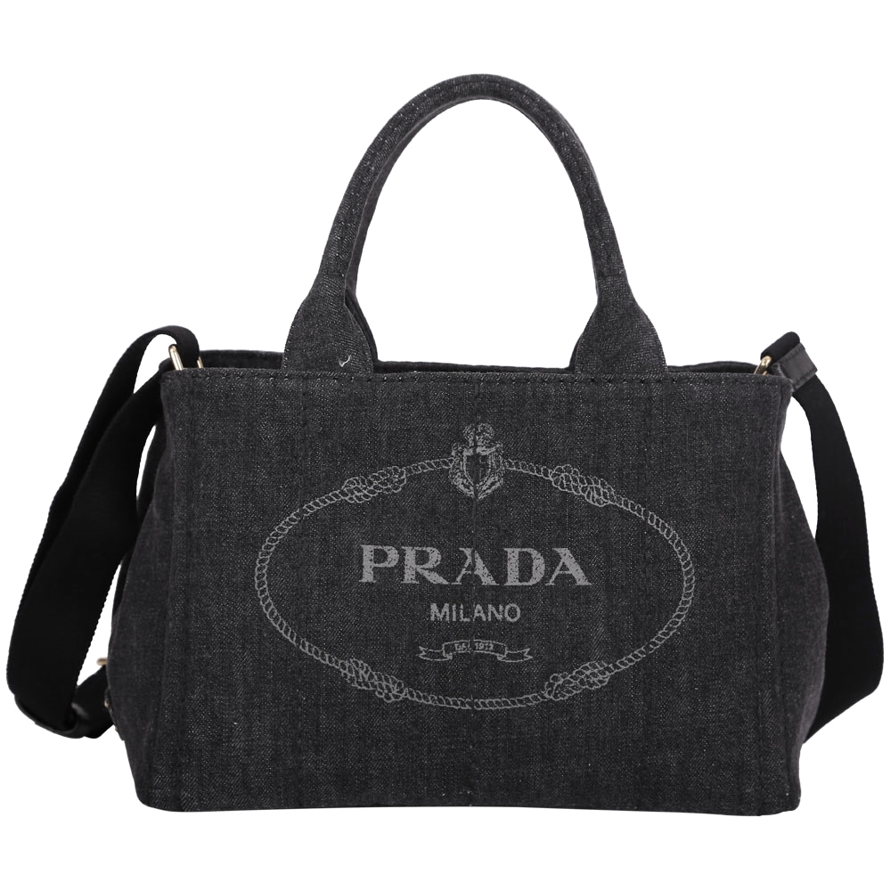 PRADA Canvas 單寧帆布印花兩用提包(小/灰黑色)