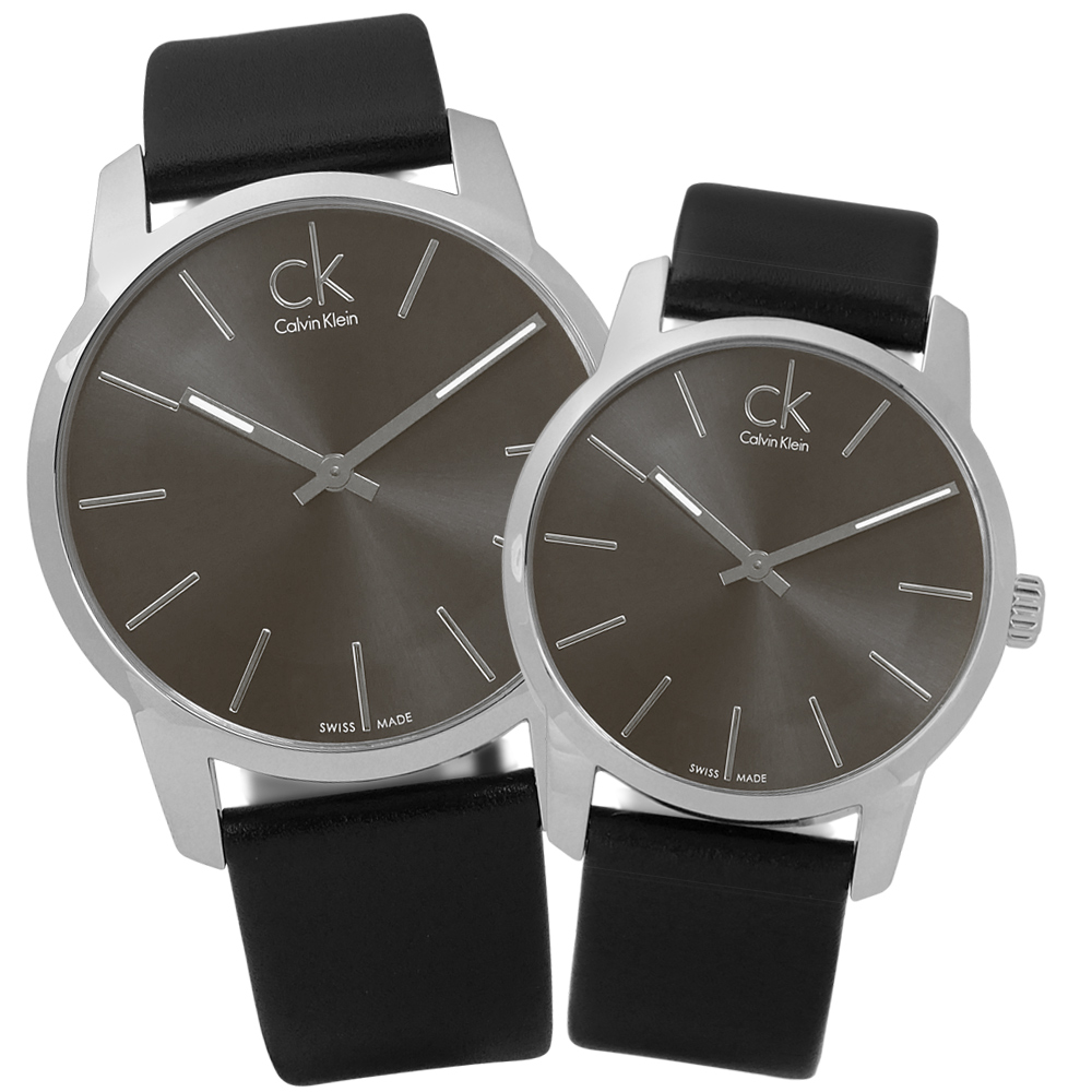 CK 城市時尚大面徑弧型切面皮革手錶-灰x黑/43mm+31mm