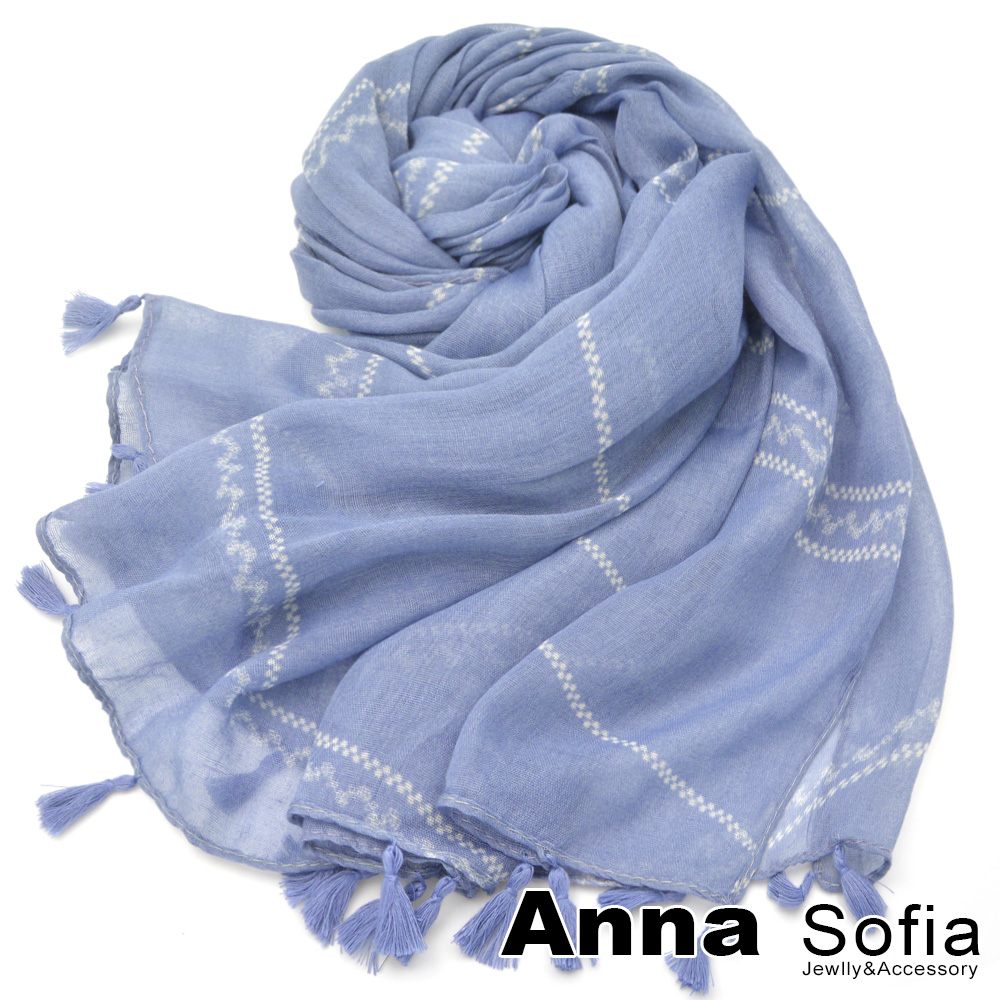 AnnaSofia 清新線紋 流蘇墬披肩圍巾(灰藍系)
