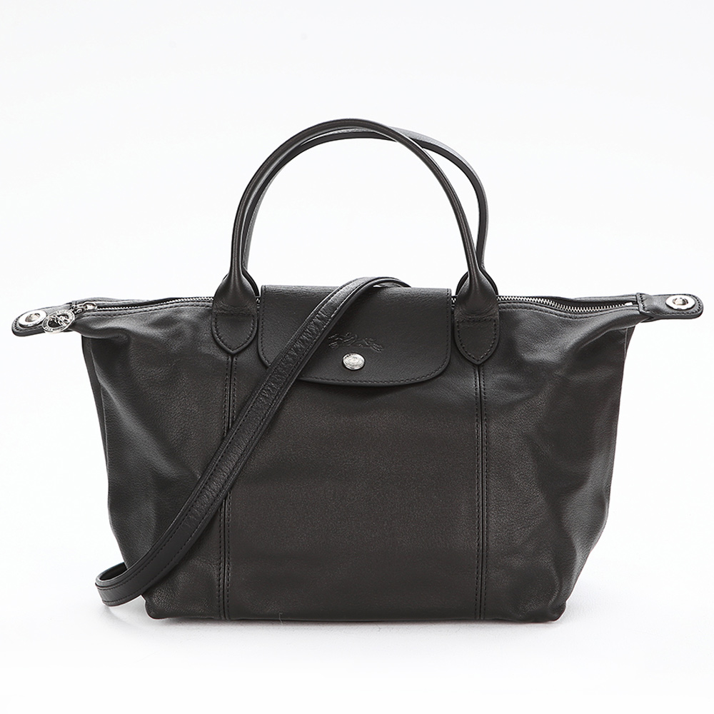 LONGCHAMP Pliage Cuir 小羊皮短把摺疊兩用包 (小/黑/附背帶)