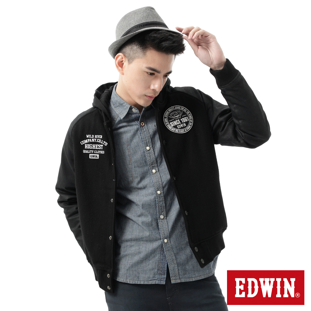 EDWIN 外套 學院風毛呢舖棉防寒外套-男-黑色