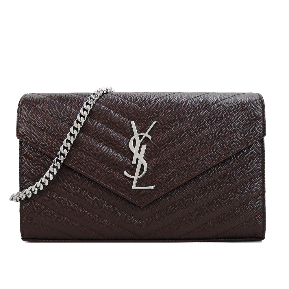 YSL MONOGRAM系列V字縫線魚子醬牛皮鍊帶斜背包(咖啡)