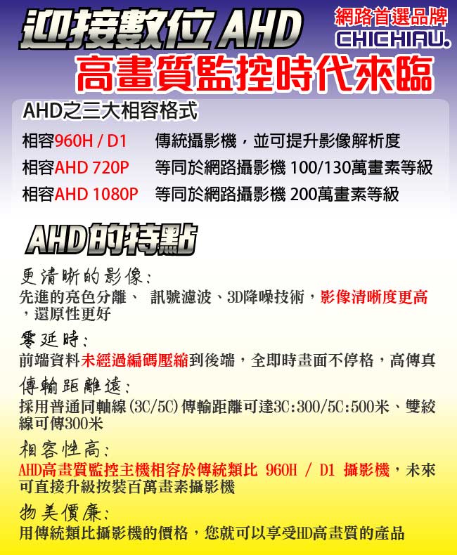 監視器攝影機 - 奇巧 AHD 720P 6陣列燈1000條雙模切換百萬畫素夜視攝影機