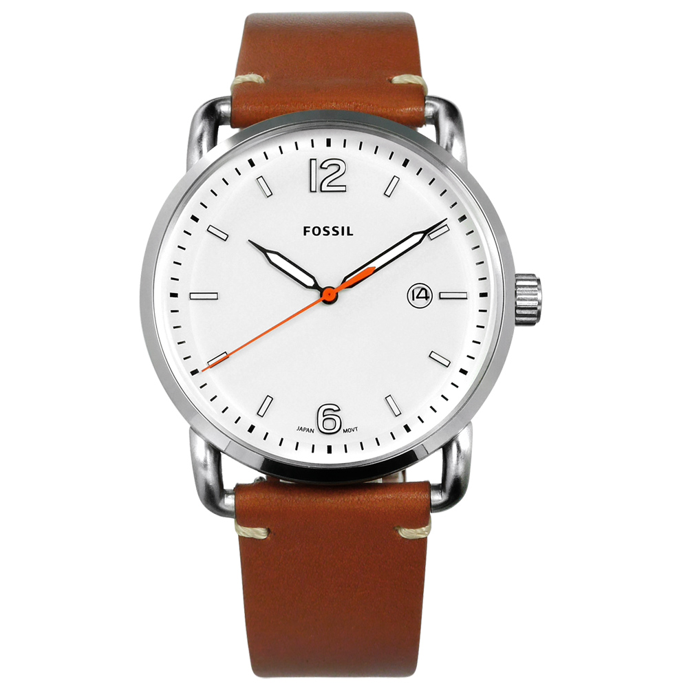 FOSSIL Commuter 美國品牌簡約日期防水真皮手錶-白x咖啡/42mm