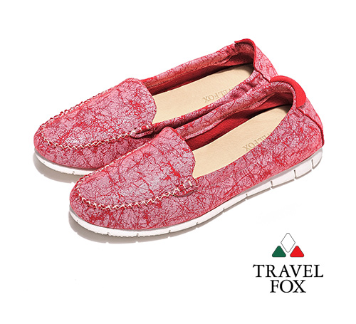 Travel Fox(女) 活力元素 鋼琴大底360度可彎式釉彩布面懶人鞋-絲紋粉