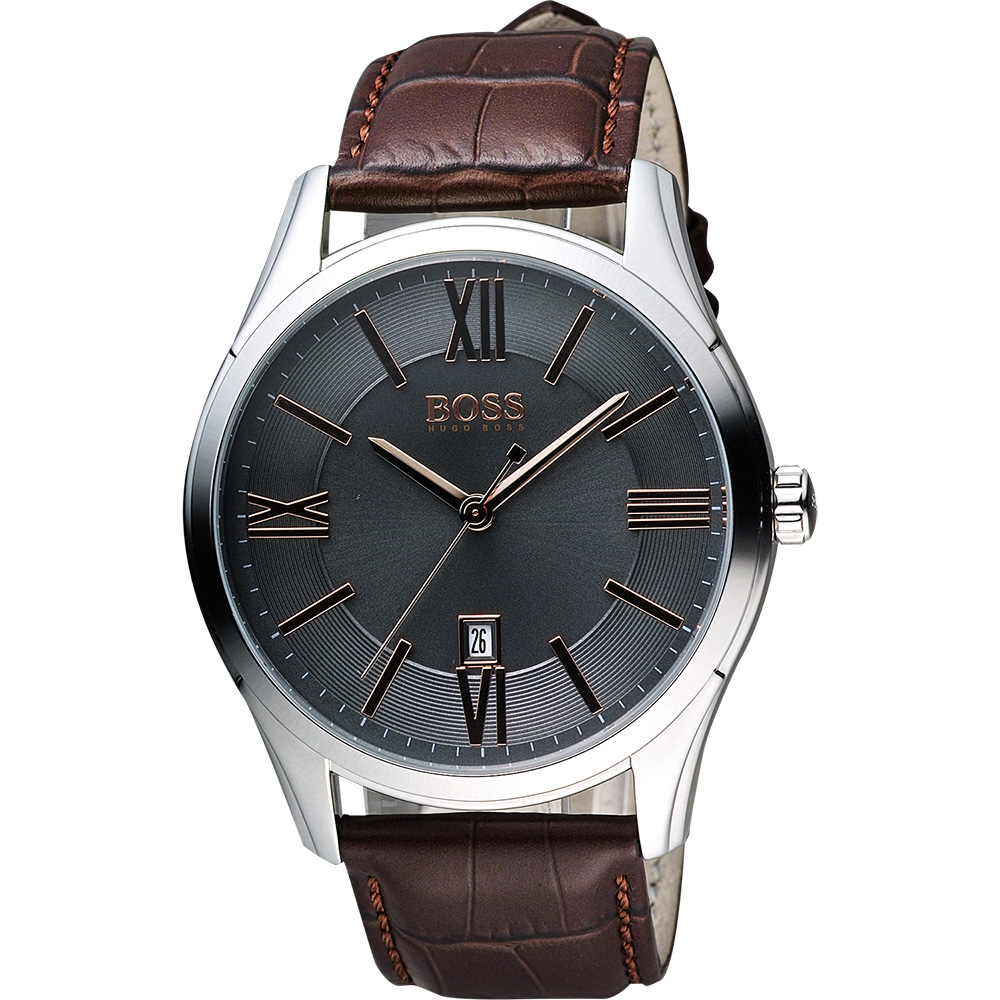 Hugo Boss 羅馬時尚英倫腕錶-灰x咖啡/44mm