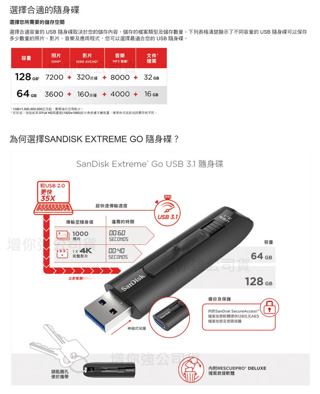 原2199 ）SanDisk Extreme Go USB3.1隨身碟CZ800 128GB