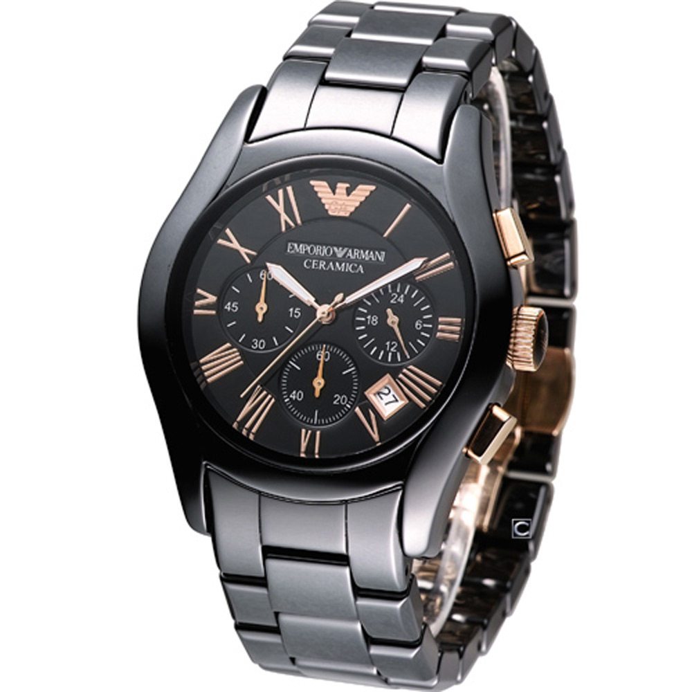 ARMANI 經典陶瓷計時腕錶-黑x玫瑰金時標/42mm